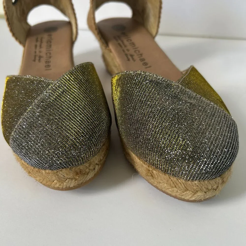 Eric Michael Copa Metallic Espadrille Sandal Ankle Strap 6 Comfort Spain Summer
